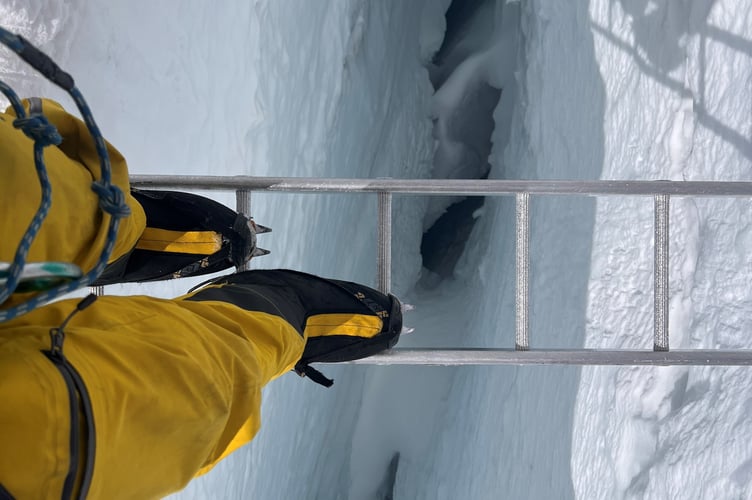 Crevasse crossing in the Khumbu Icefall