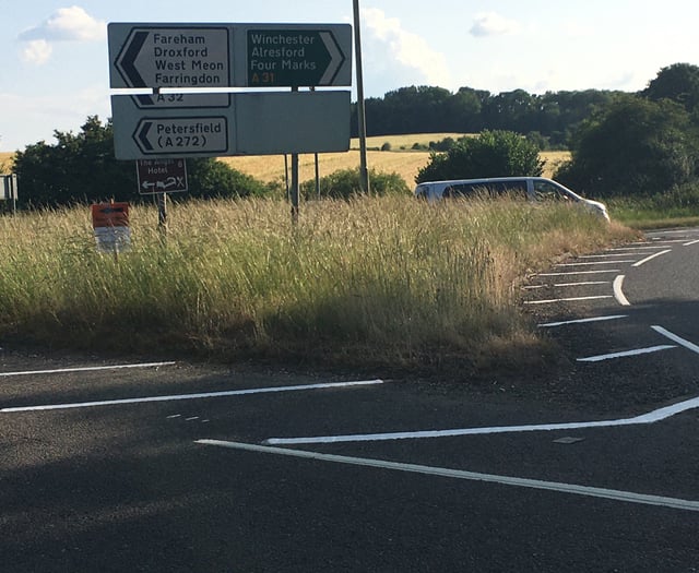 Chawton A31 roundabout grass finally cut by Hampshire County Council