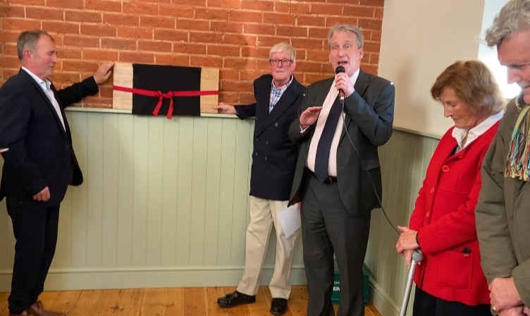 East Hampshire MP Damian Hinds addresses his audience before unveiling a plaque to mark the re-opening of Newton Valence Village Hall on April 19th 2024.