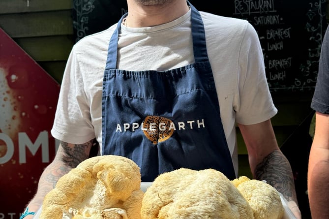 Head chef Gary with Lions Mane mushrooms grown at the farm