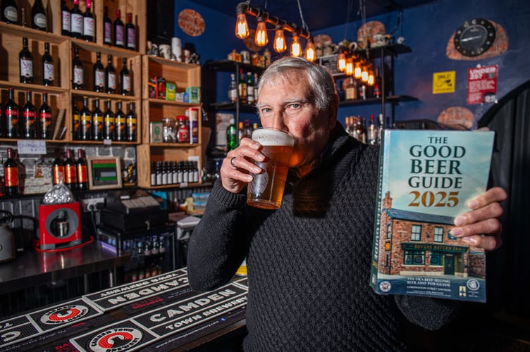 Rob Cocker, from Stoke-on-trent, with his good beer guide in his local pub Manor Court Ale House enjoying a pint of beer to add to his list. So far he has visited over 12,000 pubs in 55 years. October 24, 2024. 