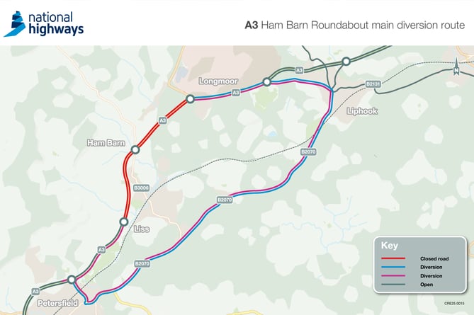 National Highways diversion route for A3 Ham Barn Roundabout in February and March 2025