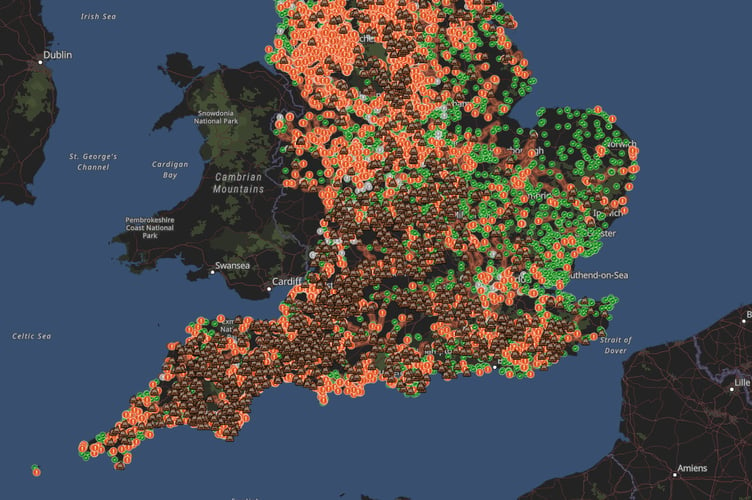 Screengrab of the new comprehensive waterways map which reveals the 'horrifying' reality of England's sewage crisis. Photo released January 29 2025. Sewage spills into England's lakes, rivers and seas by water companies more than doubled in 2023. 'The Sewage Map', created by Dr Alex Lipp and Jonny Dawe, shows which river sections are downstream of sewage discharges from storm overflows - in real-time. The map shows rivers across England, indicating a 'poo' emoji when sewage dischargers are live, a red exclamation mark indicates a spill over the last 48 hours and a green tick indicates no spill reported in the last 48 hours.